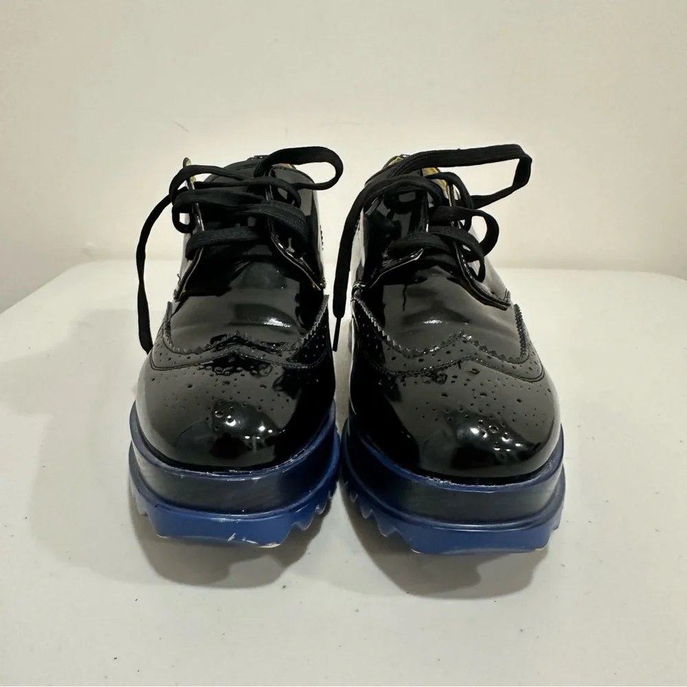 Via Pinky Black Patent Leather Platform Brogues Blue Sawtooth Sole size‎ 9,5